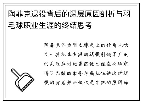陶菲克退役背后的深层原因剖析与羽毛球职业生涯的终结思考 陶菲克退役背后的深层原因剖析与羽毛球职业生涯的终结思考